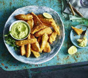 Crispy Coconut Chicken Strips with Avocado Coriander Dip